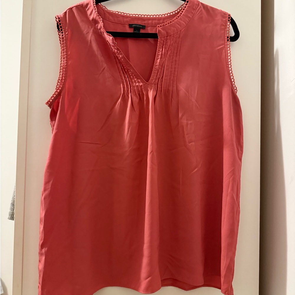 Pink lace trimmed Ann Taylor ruffle blouse